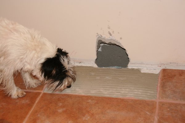 Reikä seinässä (ja lattiassa). Apuhoitaja tarkastelee työn laatua.